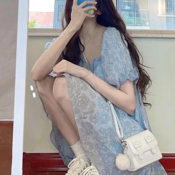 [MURIOKI] Đầm Chiffon Chữ A Cổ Vuông Tay Phồng In Họa Tiết Phong Cách Hàn Quốc Thời Trang Quyến Rũ Cho Nữ