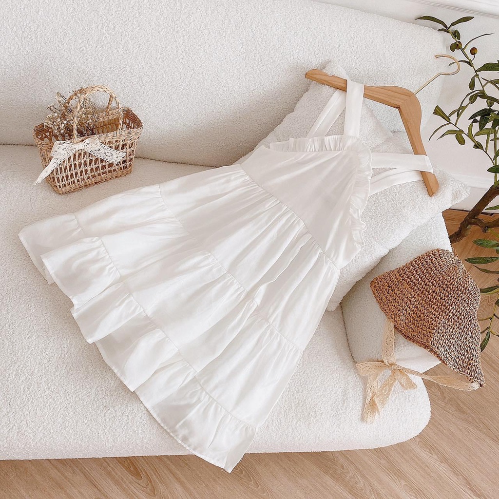VÁY TRẮNG CÔNG CHÚA CỔ YẾM XÒE NHIỀU TẦNG SIÊU XINH CHO BÉ GÁI CHẤT VOAN TƠ CÓ LÓT LỤA