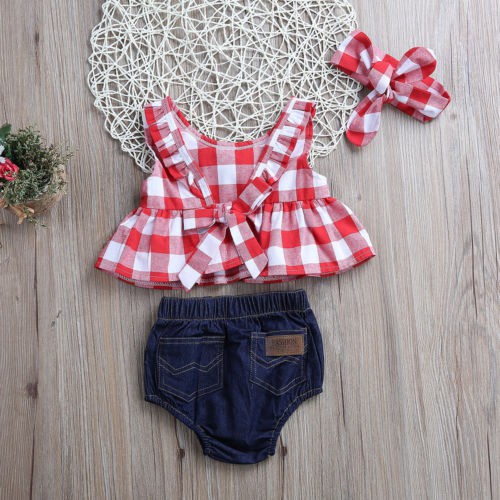 ❤XZQ-3pcs Toddler Baby Girl Plaid Ruffled Tops+Denim Shorts+Headband Summer Outfits