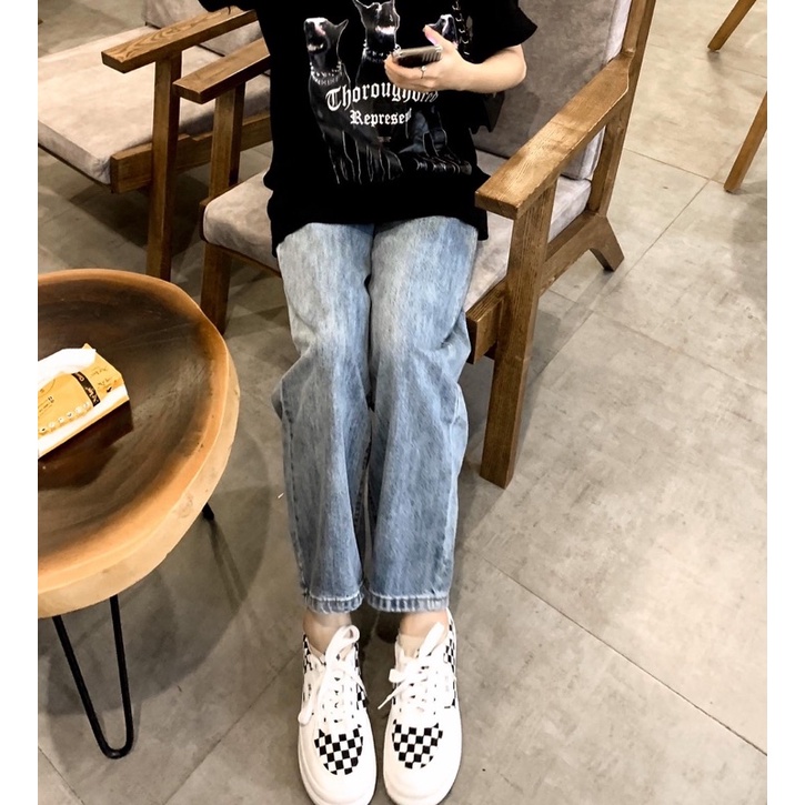 Quần bò suông 2 cúc cạp cao