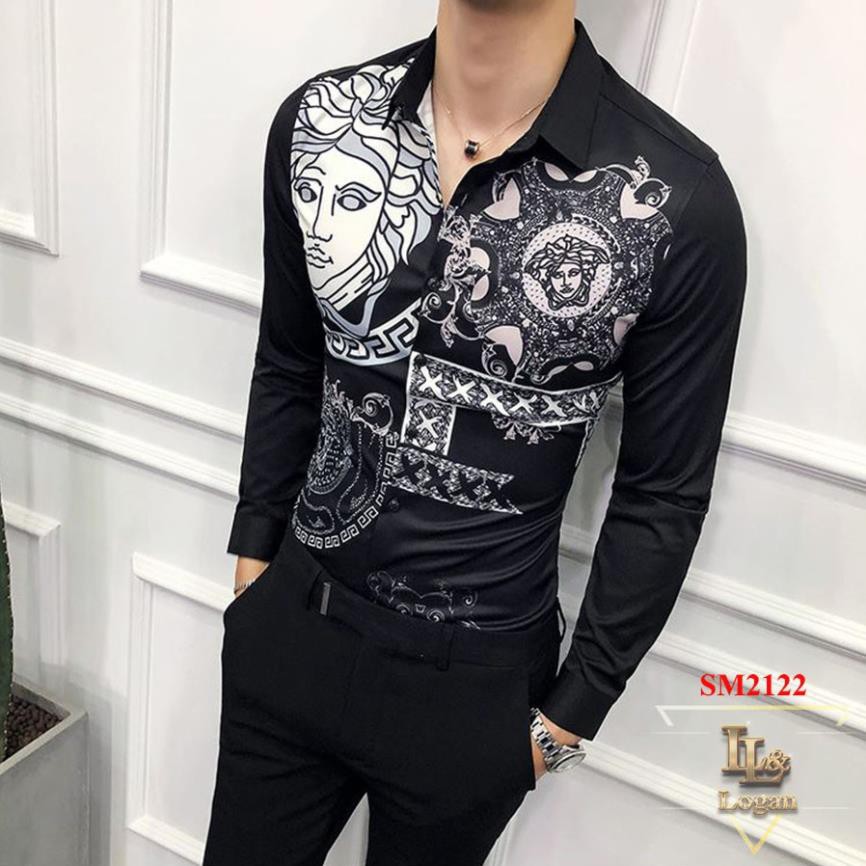 Áo sơ mi họa tiết versace SM2122 trắng đen, form body chuẩn đẹp, không nhăn, sang trọng chuẩn men,ảnh thật 100% ་