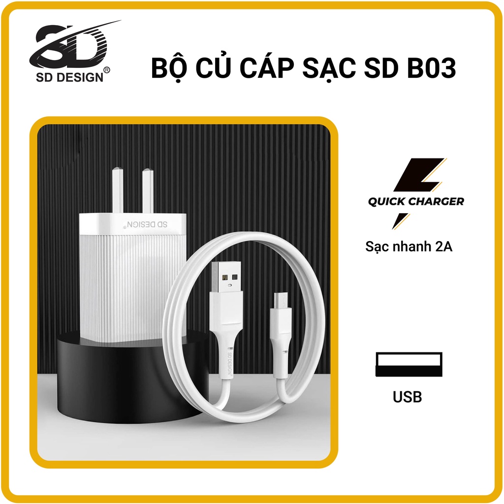 Bộ Củ + Cáp sạc SD DESIGN B03 chính hãng đầy đủ chân sạc Lingtning, typeC, micro thích hợp cho tất cả thiết bị di động