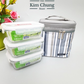 Bộ Hộp Cơm Thuỷ Tinh Lock&Lock LLG422S3 Túi Kẻ Sọc - Hàng chính hãng