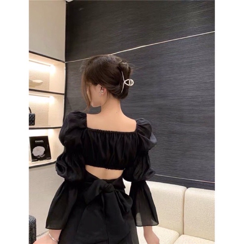 Hàng mới Áo Croptop Voan Tay Dài Phồng Siêu Bánh Bèo Có Nơ Siêu Nữ Tính