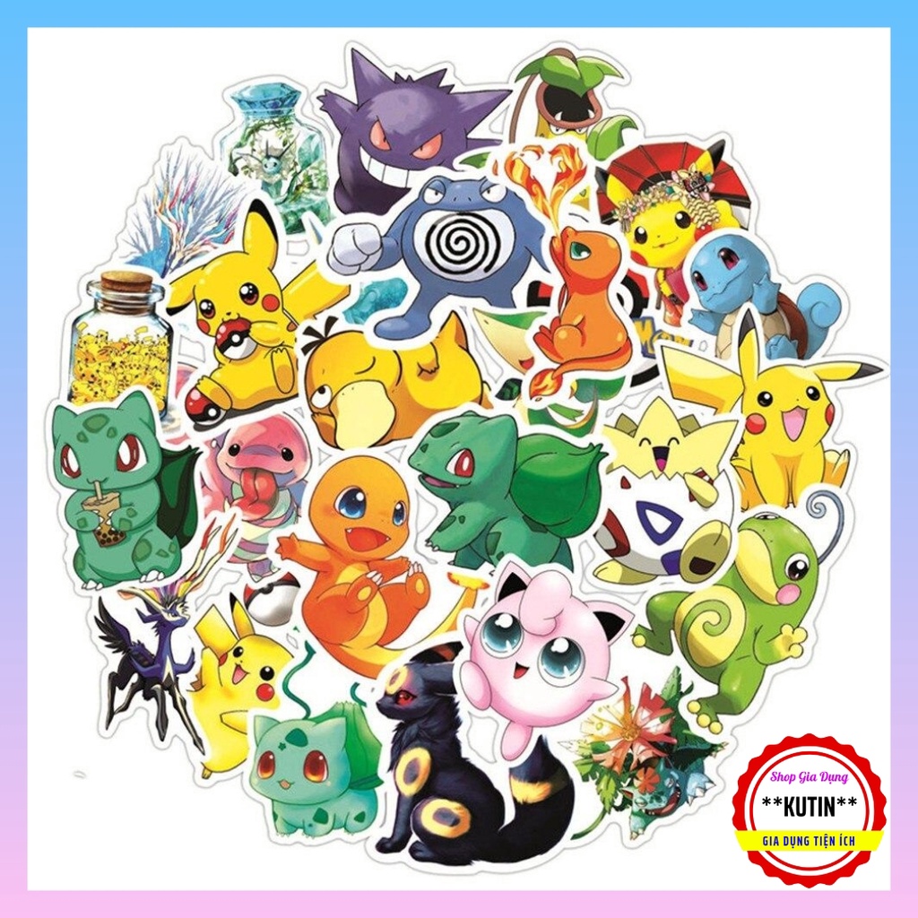 Set 80 Nhãn Dán Pokemon Sticker Hoạt Hình Đáng Yêu Chống Thấm Nước Trang Trí Mũ Bảo Hiểm, Laptop, Điện Thoại, Guitar