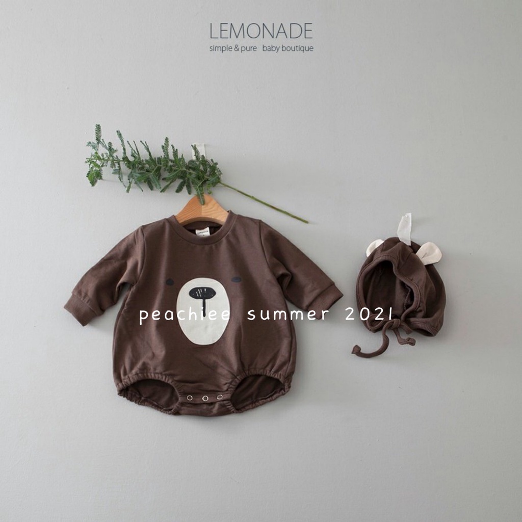 Áo liền quần tay dài vải cotton kèm mũ họa tiết gấu dành cho em bé sơ sinh 0-24 tháng tuổi