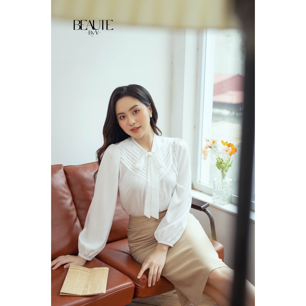 BEAUTEBYV - Áo sơ mi cổ nơ xếp ly đính khuy trai Ally