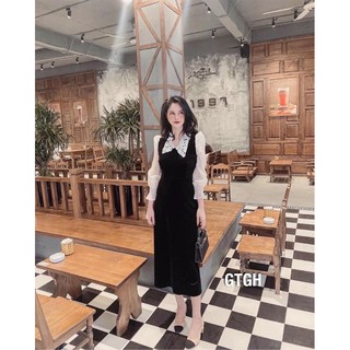 Váy nhung cổ ren tay pha tơ