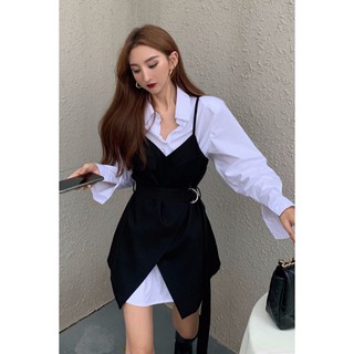 Áo sơ mi trắng tay dài - váy yếm 2 dây gile mỏng phù hợp xuân hè 2021