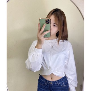 Áo Croptop Nỉ Xoắn Eo Dài Tay BASIC (Ảnh thật)