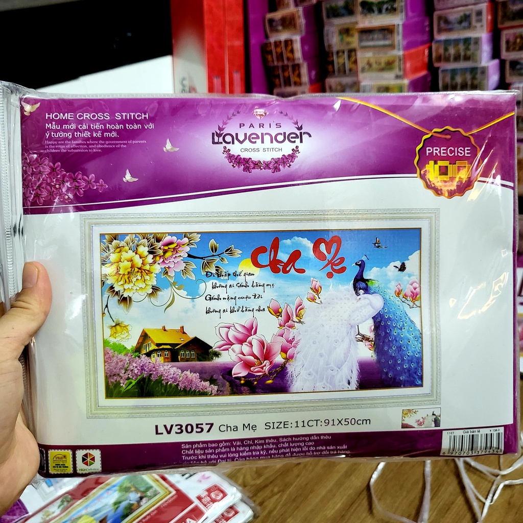 Tranh thêu chữ thập cha mẹ KT:91x50cm, Tranh chưa thêu chưa khung, tặng kéo và sỏ chỉ.