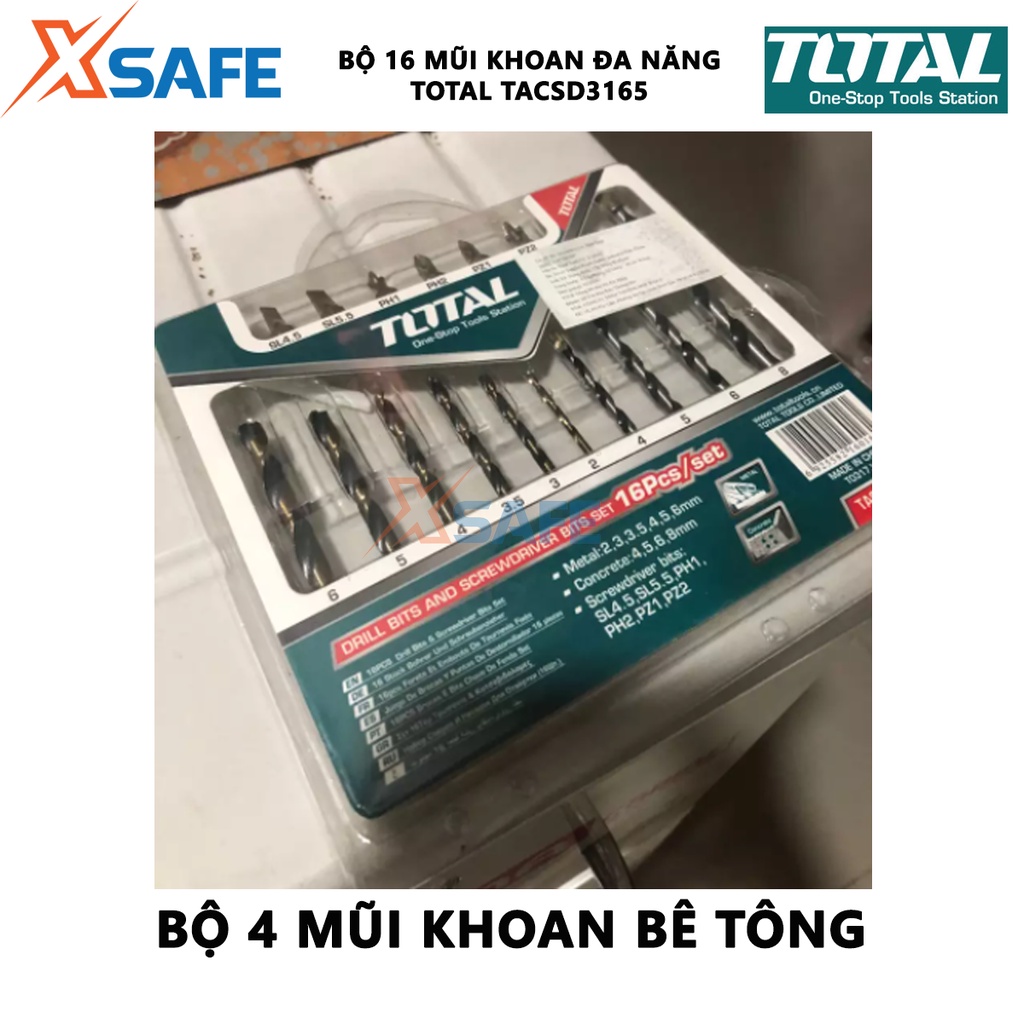 Bộ 16 mũi khoan bê tông và đầu bắn vít TOTAL TACSD3165 gồm 6 mũi khoan xoắn, 4 mũi khoan bê tông, 6 mũi siết vít