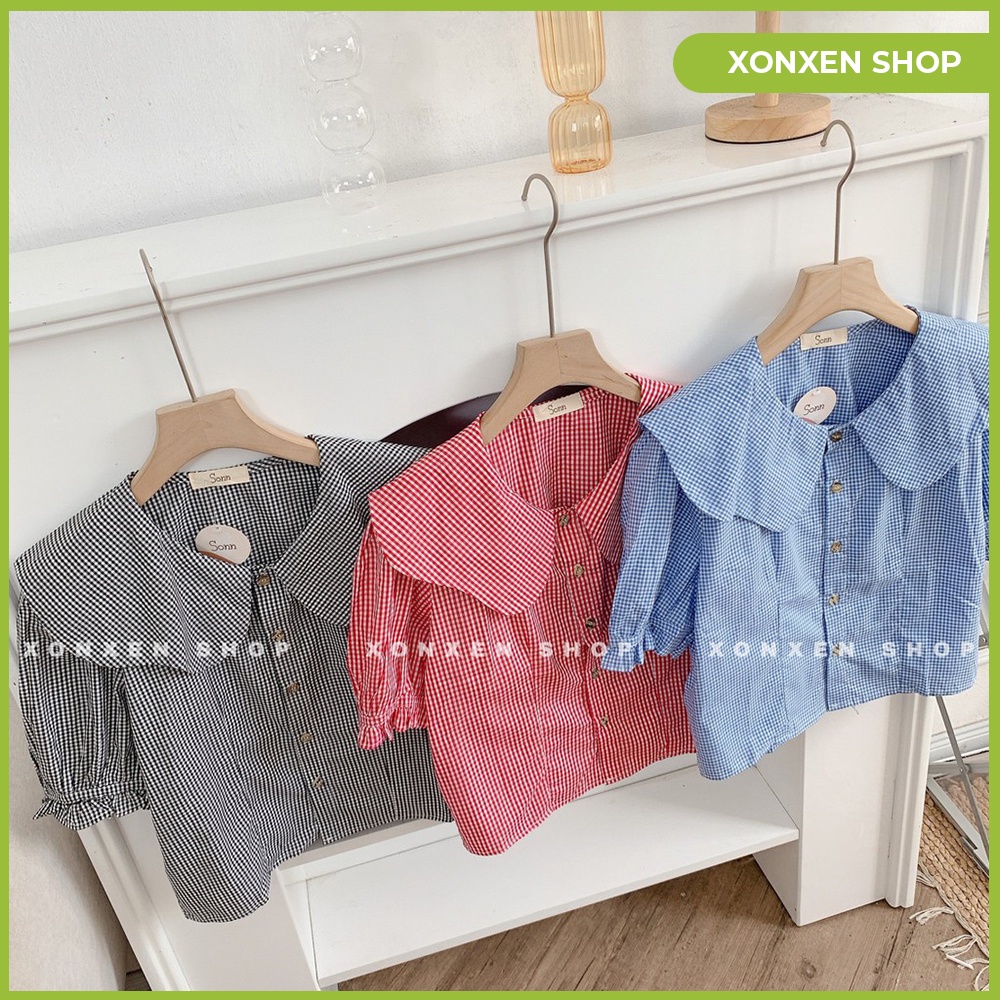 Áo kiểu caro cổ bèo lên form chuẩn chất vải mền mịn XONXEN SHOP QUẢNG NGÃI freesize mã 76 | BigBuy360 - bigbuy360.vn