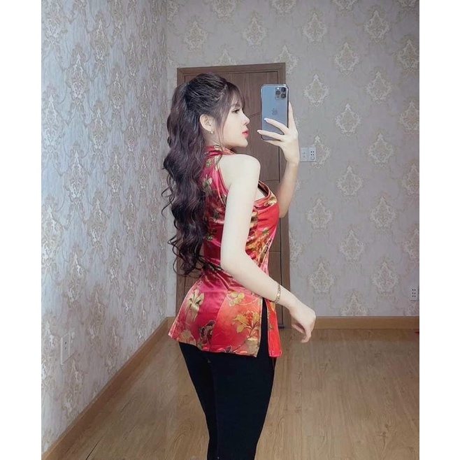 set áo hoa cổ tàu quần legging ôm