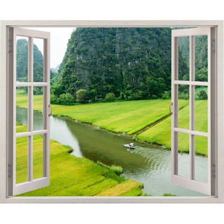 Tranh dán tường cửa sổ 3D dòng sông quê hương VTC VT0235 kim sa