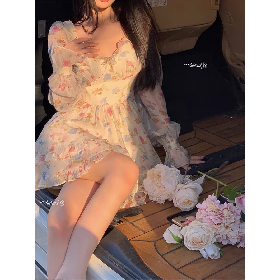 ĐẦM HOA CÚP NGỰC BÈO RỚT VAI TAY DÀI XÒE NHẸ