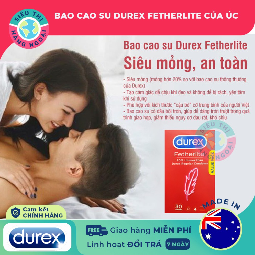 Bao Cao Su Durex Fetherlite Siêu Mỏng (Hộp 30 Chiếc) Hàng ÚC (Siêu Thị Hàng Ngoại)