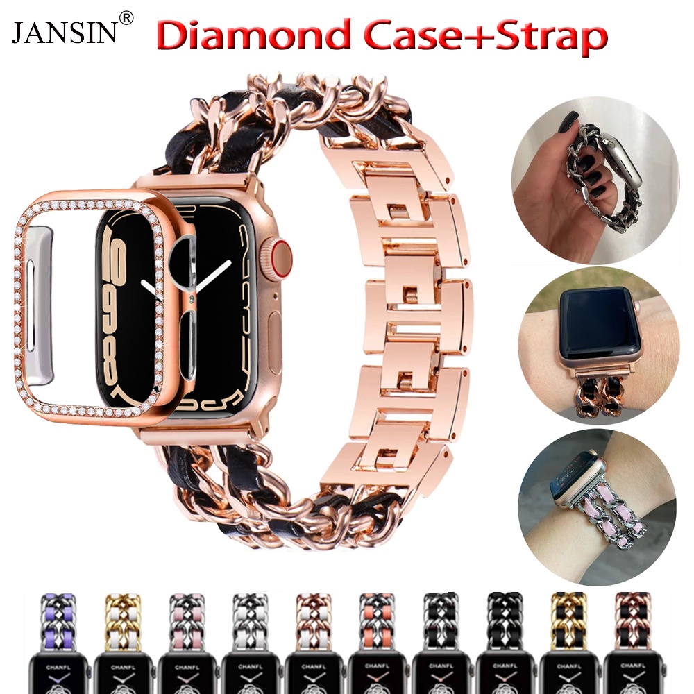 Dây da kim loại + vỏ kim cương jansin phong cách nữ trang thích hợp cho apple watch 7 band 41mm 45mm 38mm 40mm 42mm 44mm