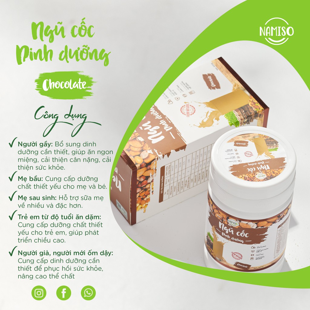 Bột ngũ cốc dinh dưỡng Namiso, bột ngũ cốc dinh dưỡng vị chocolate-  Hộp 500gr