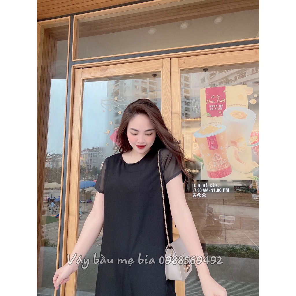 Đầm Bầu Công Sở - Váy Bầu GUME màu đen phối chân và tay voan tơ nhẹ nhàng chất vải sạn lụa size từ 40-100kg - MB62