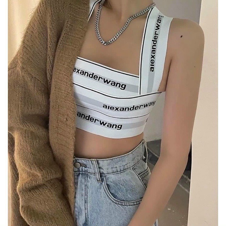 Áo kiểu 2 dây chéo lưng croptop in chữ a lec cực hot , chất thun dày dặn giãn