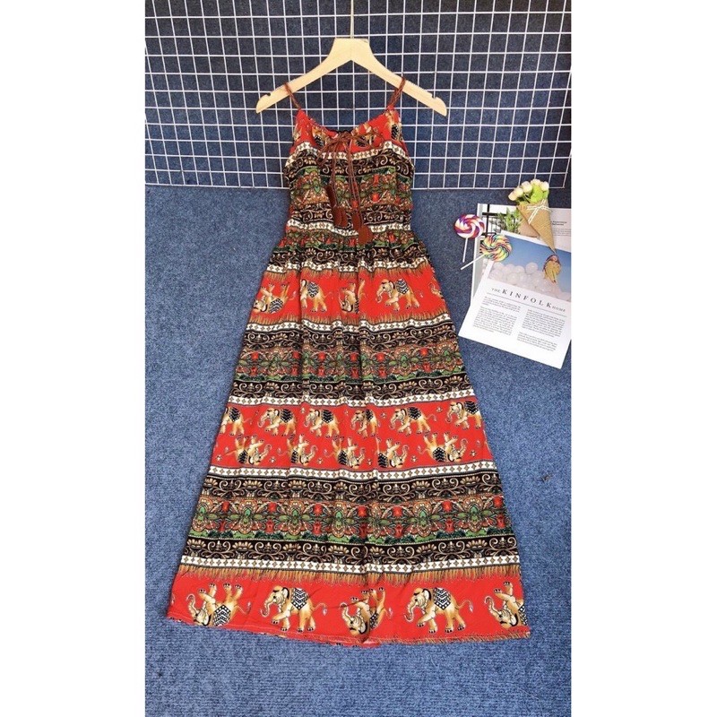 [chọn màu]Đầm maxi lanh lụa yếm cách điệu dây da xinh xắn (47-60ky) | BigBuy360 - bigbuy360.vn