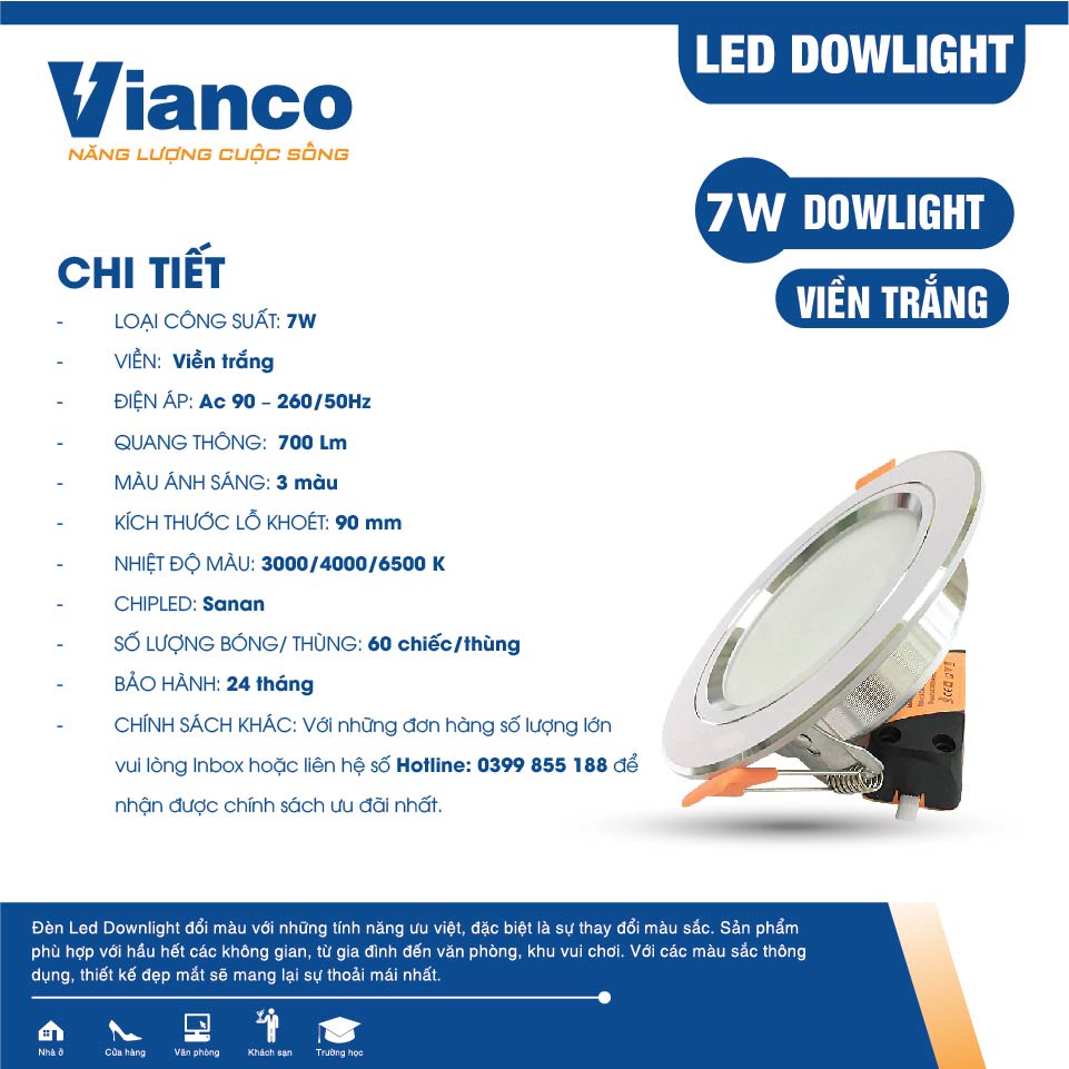 Đèn Led Âm Trần Downlight VIANCO 7W Làm Từ Hợp Kim Nhôm Cao Cấp, Thiết Kế Hai Loại Đế Viền Đổi Màu