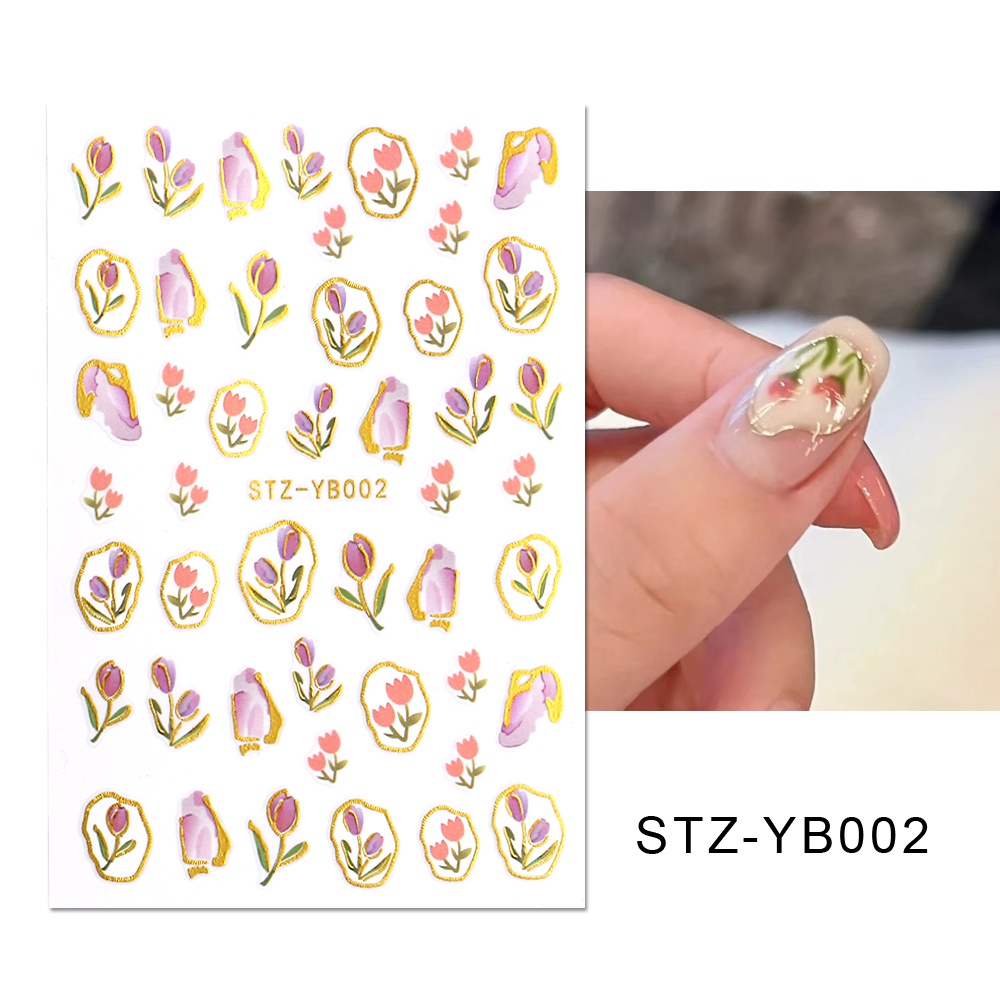 Miếng Dán Trang Trí Móng Tay 3D Hình Hoa Tulip Màu Hồng/ Bạc Thời Trang