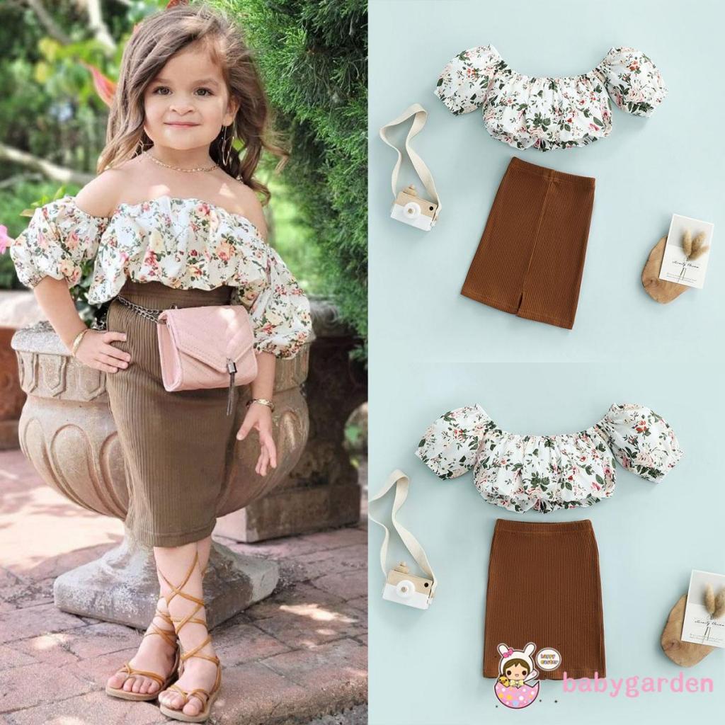 Bộ Áo Trễ Vai Ngắn Tay + Chân Váy Dệt Kim Lưng Thun In Hoa Xinh Xắn Cho Bé Gái 1-6 Tuổi