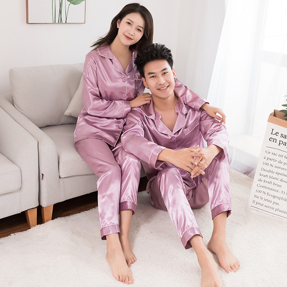 Bộ Đồ Ngủ Pijama Dài Tay Vải Phi Bóng Dành Cho Cặp Đôi