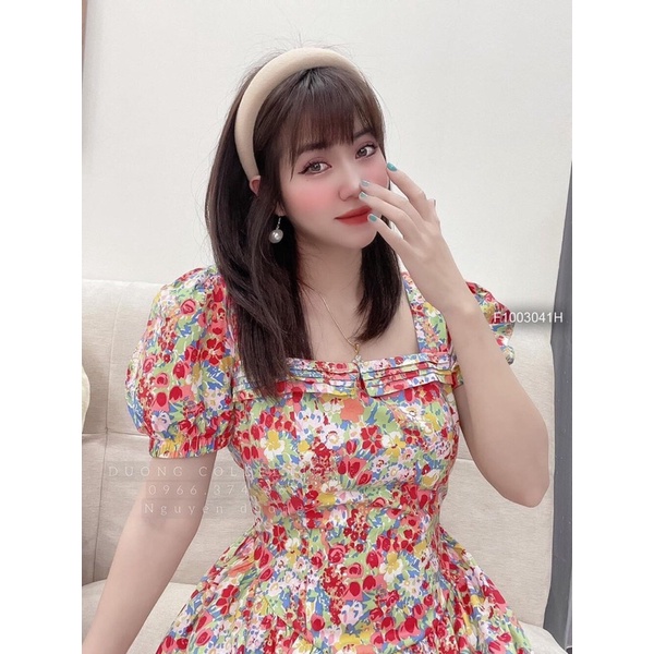 Đầm hoa cổ vuông tay phồng