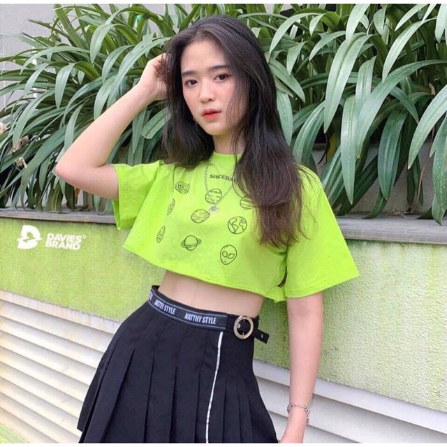 ÁO CROPTOP XANH LÁ SPACEBAE / CROPTOP FORM RỘNG TAY LỠ( KÈM HÌNH THẬT )