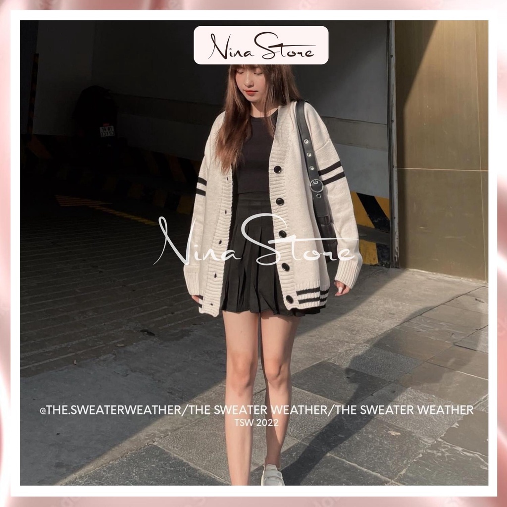 Áo khoác len cardigan nữ áo len nữ khoác ngoài dệt kim cổ V form rộng style học sinh ullzang hàn quốc màu be NinaStore