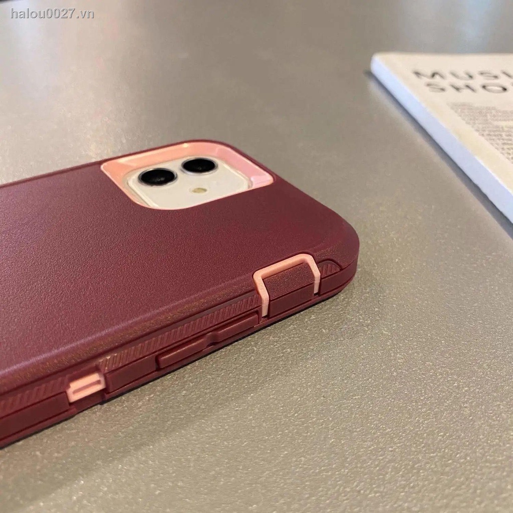 Ốp điện thoại dày dặn chống rơi cho iPhone 11promax 12 xs xr 8p màu đỏ rượu vang thiết kế 3 trong 1
