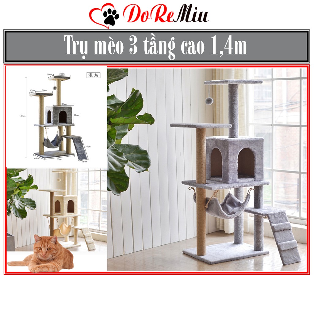 Doremiu- Trụ mèo leo trèo 3 tầng Nhà cây cho mèo cao 1,4m cat tree dụng cụ cào móng