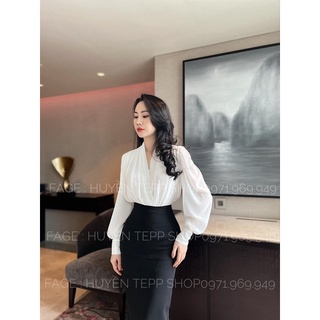 Áo sơmi lụa cổ V chéo ngực ảnh chụp thật