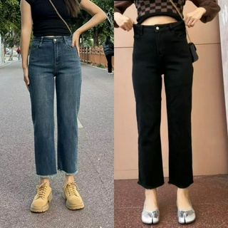 Quần jean ống suông tua lai bigsize, jean co giãn 4 chiều, xanh/ đen 041