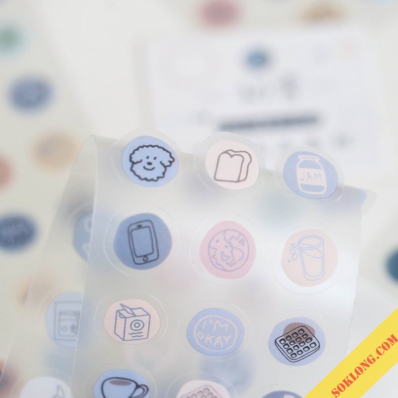 Set 57 sticker icon tròn dễ thương Sổ KLONG, miếng dán biểu cảm/ đồ ăn/ đồ tiện ích VPPKLONG