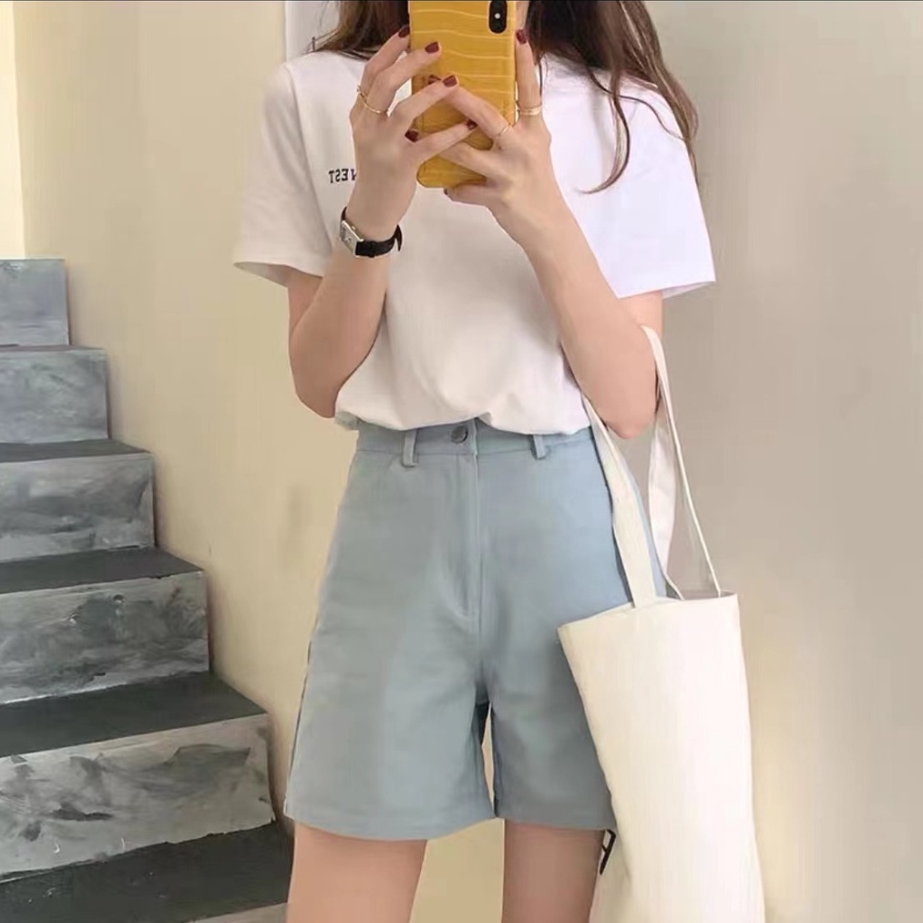 Quần short BH denim lưng cao ống rộng màu sắc tươi sáng phong cách Hàn Quốc dành cho nữ