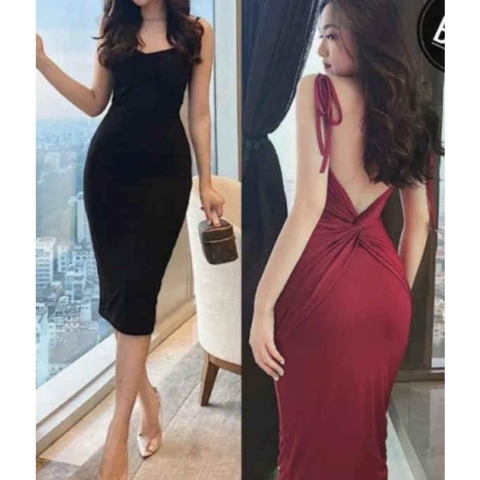 Đầm body 2 dây vặn lưng (có mút lót ngực), Váy nữ form dài khoét hở lưng