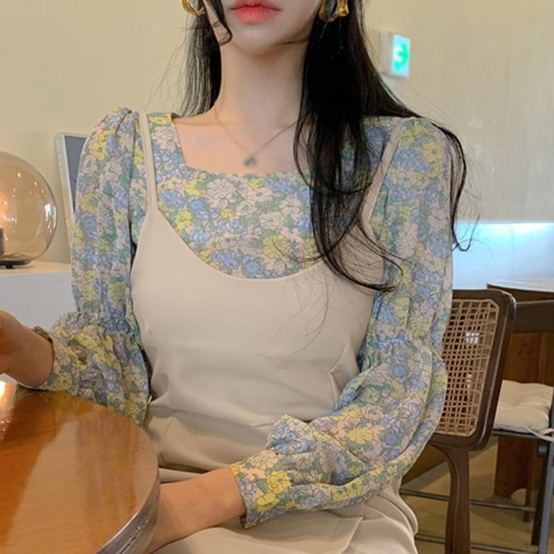 Áo voan tay dài cổ vuông in hoa xinh xắn phong cách Hàn Quốc