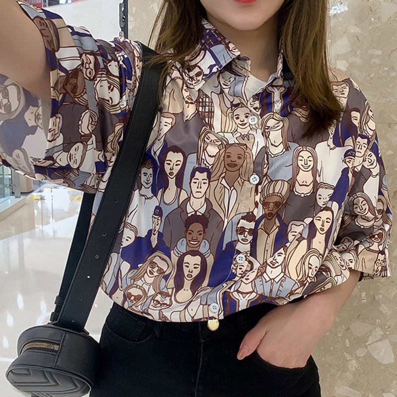 Áo sơ mi tay ngắn hoạ tiết in phong cách retro