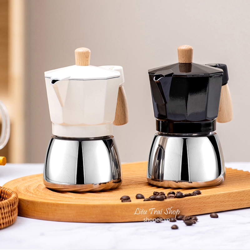 Ấm pha cà phê moka pot tay cầm gỗ phong cách Italy 3 cup 150ml