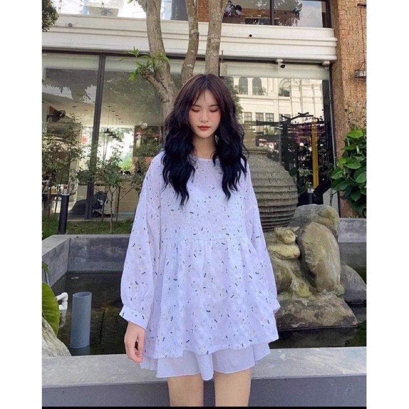 Áo Babydoll Hoa Nhí 2 Màu Tay Bồng Dài NữSơ mi form rộng giấu quần màu trắng bánh bèo tiểu thư Ulzzang Vintage Hottrend