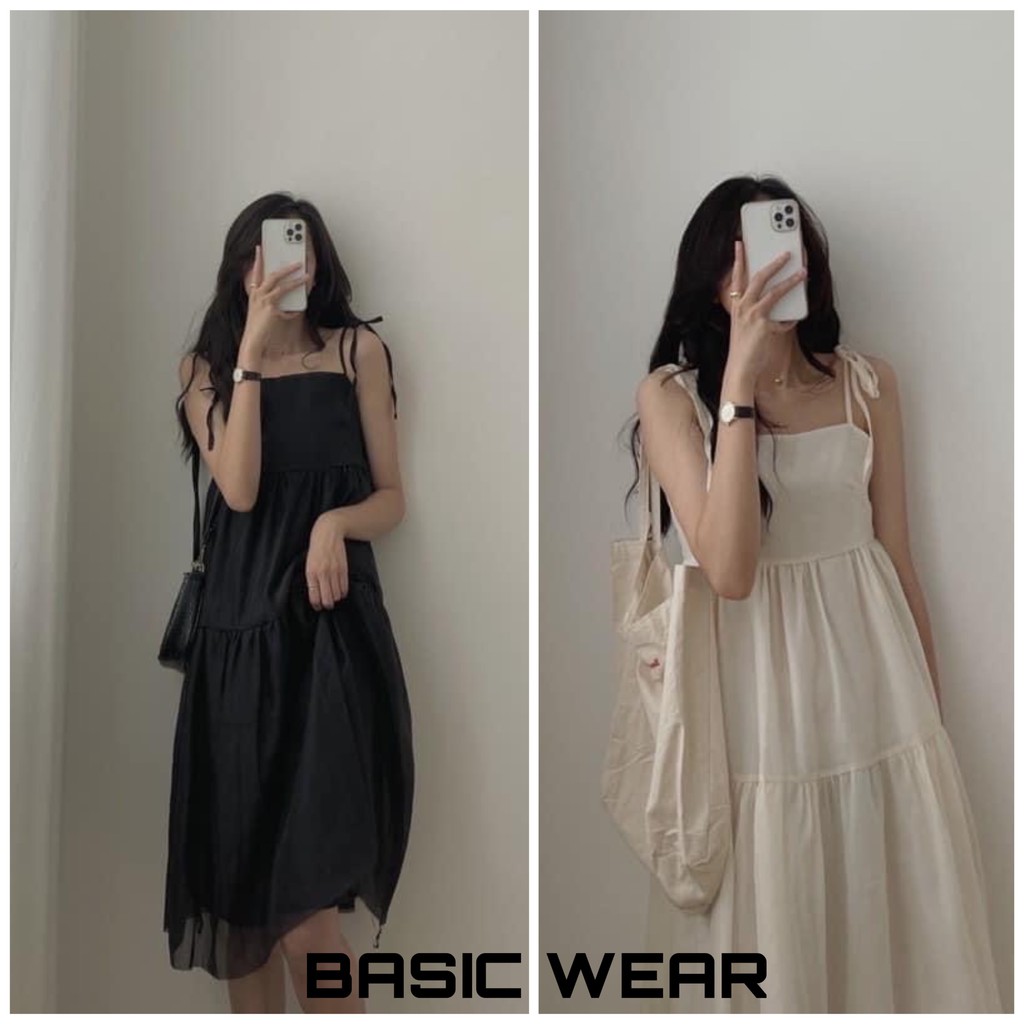 [Ảnh thật/video] Đầm váy hai dây voan tơ buộc vai 2 lớp  Ulzzang (đen, be)