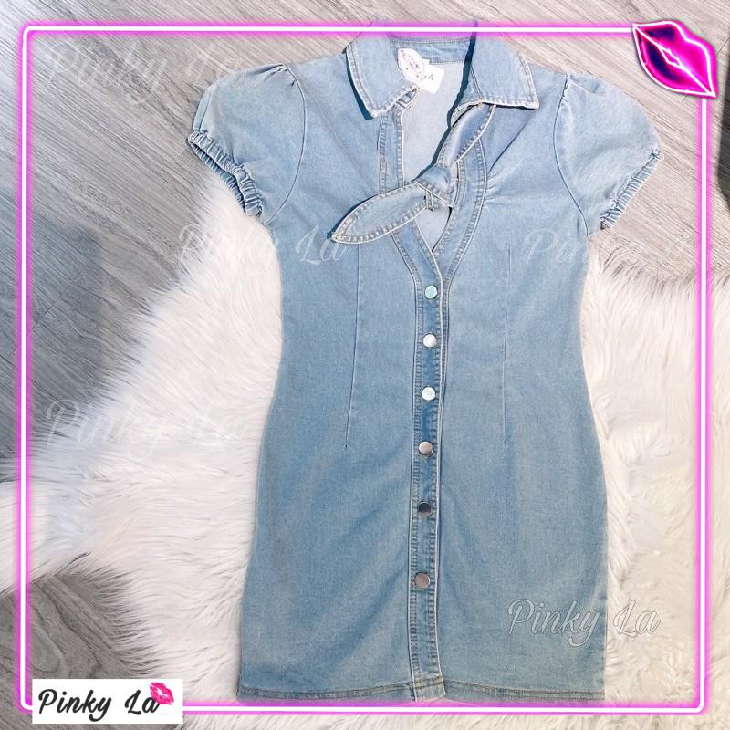 PInkyLA -  Đầm jean ngắn nơ ngực vải co giãn- mặc cực nhẹ và đáng yêu, năng động
