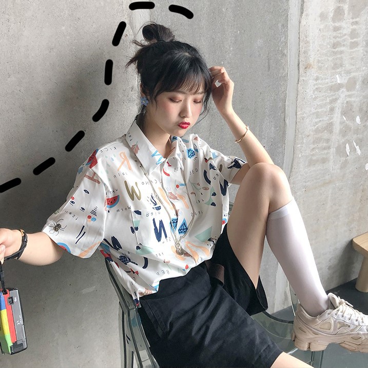 LEEVA - Áo sơ mi in chữ họa tiết thời trang Hàn Quốc: Trắng chữ