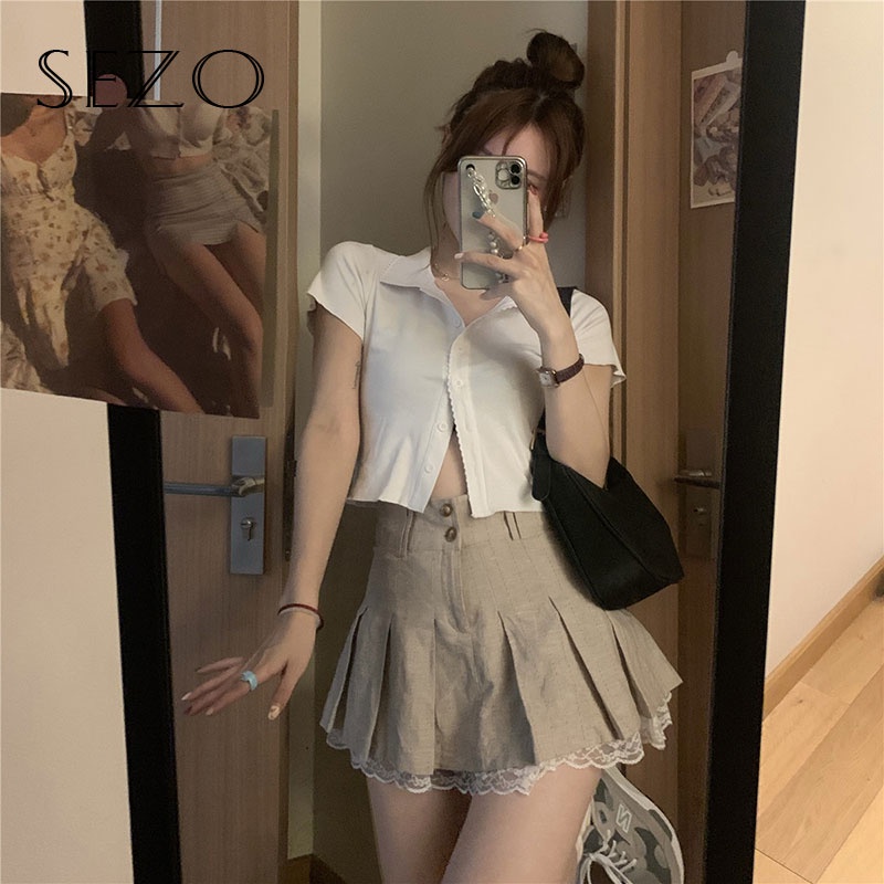 Đầm Xếp Ly Cổ polo Cài Một Hàng Nút Phong Cách Hàn Quốc Cho Nữ