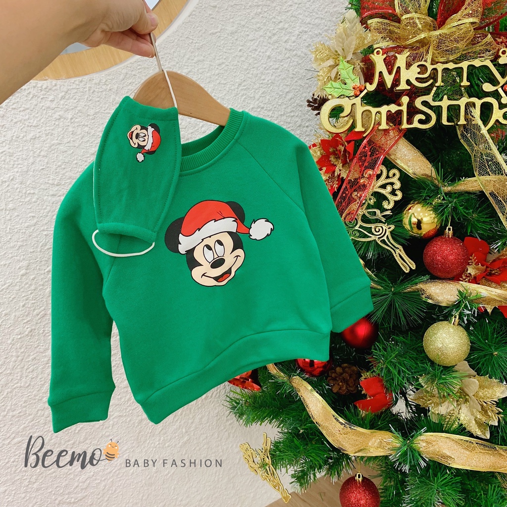 Áo Noel nỉ da cá Beemo dài tay tặng kèm khẩu trang cao cấp, áo nỉ da cá hoạ tiết Mickey Noel cho bé trai/bé gái