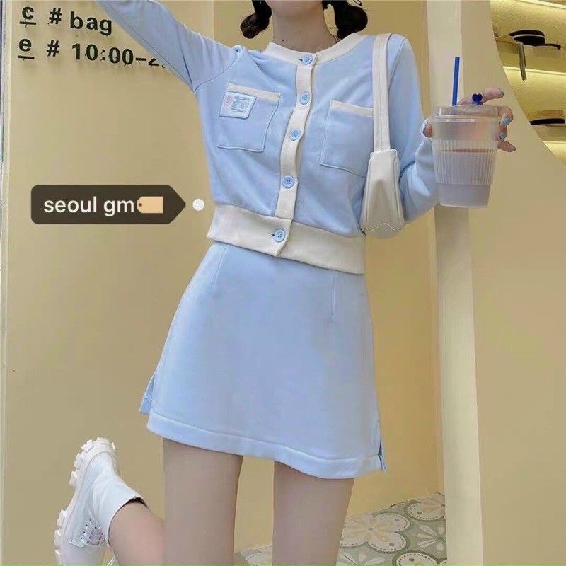 SET CROP XANH POLO VIỀN TRẮNG + CHÂN VÁY